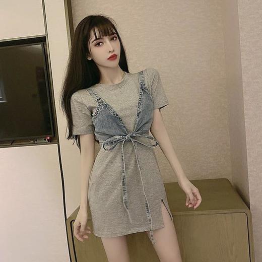 洋气显高炸街套装时尚绑带牛仔小吊带配开叉短袖连衣裙两件套女七夕情人节 商品图6