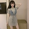 洋气显高炸街套装时尚绑带牛仔小吊带配开叉短袖连衣裙两件套女七夕情人节 商品缩略图3