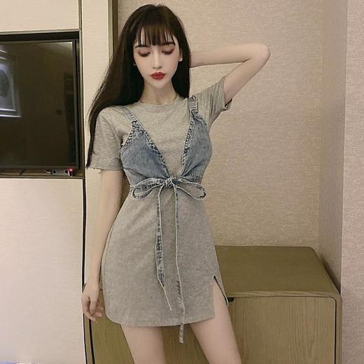洋气显高炸街套装时尚绑带牛仔小吊带配开叉短袖连衣裙两件套女七夕情人节 商品图3