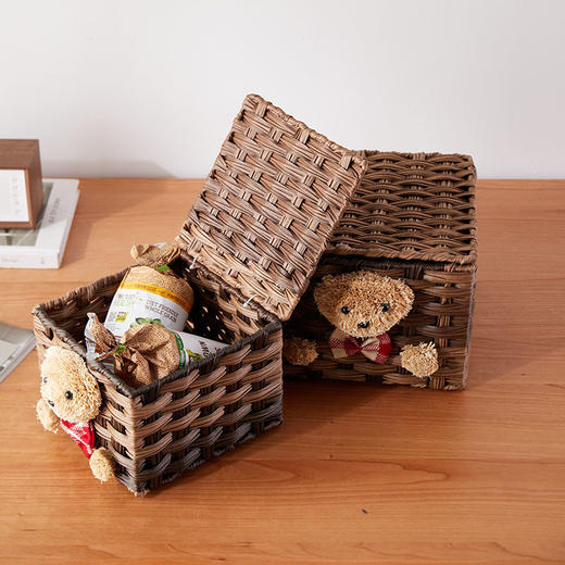 家用手工编织收纳筐零食化妆品带盖卡通小熊收纳篮田园可爱储物箱 商品图6