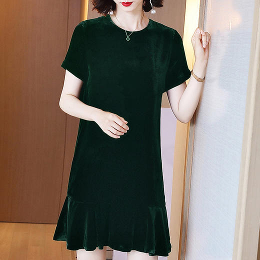 丁摩 圆领进口金丝绒连衣裙女荷叶边下摆简约优雅气质A字裙子Q122050 商品图3