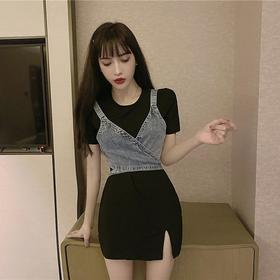 洋气显高炸街套装时尚绑带牛仔小吊带配开叉短袖连衣裙两件套女七夕情人节