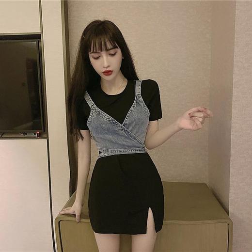 洋气显高炸街套装时尚绑带牛仔小吊带配开叉短袖连衣裙两件套女七夕情人节 商品图0