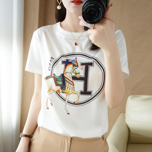 QHJY-JY2263前丝后棉短袖T恤女ins潮宽松白色印花圆领新款半袖上衣夏季女装 商品图7