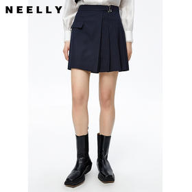 NEELLY纳俪高腰A字条纹百褶半身裙时尚学院风百搭垂感遮肉短裙女N22081E01058
