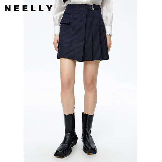 NEELLY纳俪高腰A字条纹百褶半身裙时尚学院风百搭垂感遮肉短裙女N22081E01058 商品图0