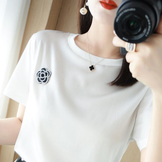 QHJY-JY2263前丝后棉短袖T恤女ins潮宽松白色印花圆领新款半袖上衣夏季女装 商品图3