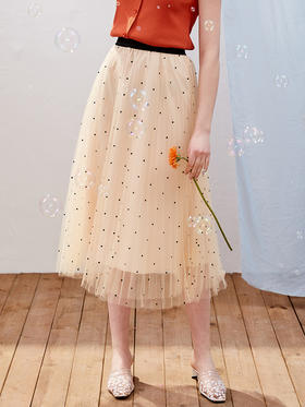 欧芮儿2019新款女装夏装波点网纱半身裙女中长款高腰显瘦百褶裙子