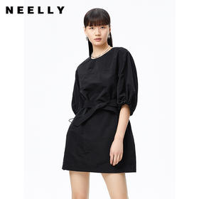 NEELLY纳俪2022秋季新品圆领连衣裙女休闲收腰系带七分袖A字裙N22081Y01065