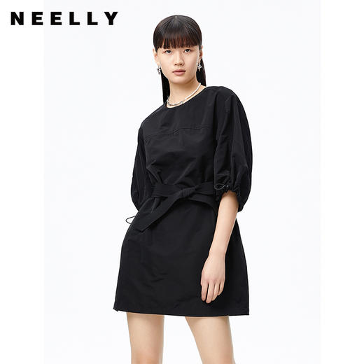 NEELLY纳俪2022秋季新品圆领连衣裙女休闲收腰系带七分袖A字裙N22081Y01065 商品图0
