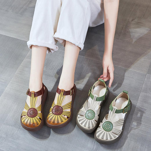 夏季镂空洞洞鞋拼色民族风厚底罗马鞋 YWQ 商品图1
