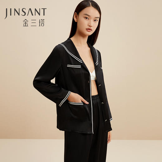 金三塔100%桑蚕丝两件套长袖真丝睡衣撞色家居服套装 YSFCC203 商品图1