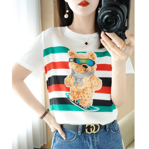 QHJY-JY2263前丝后棉短袖T恤女ins潮宽松白色印花圆领新款半袖上衣夏季女装 商品图2