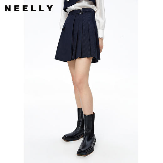 NEELLY纳俪高腰A字条纹百褶半身裙时尚学院风百搭垂感遮肉短裙女N22081E01058 商品图2
