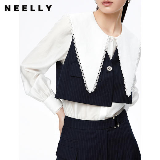 NEELLY纳俪大翻领衬衫两件时尚套装衬衫小众减龄新款条纹马甲百搭N22081B01051 商品图3