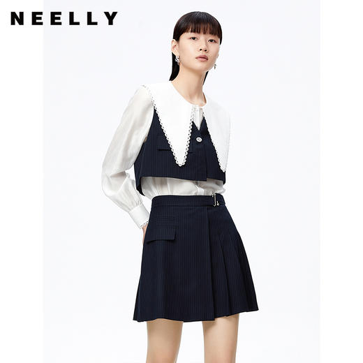 NEELLY纳俪大翻领衬衫两件时尚套装衬衫小众减龄新款条纹马甲百搭N22081B01051 商品图2