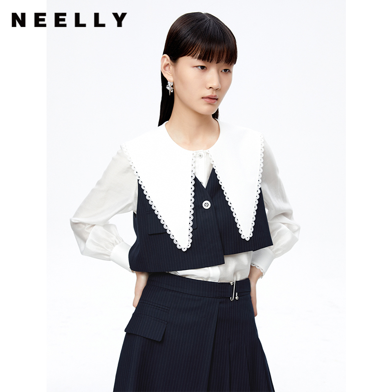 NEELLY纳俪大翻领衬衫两件时尚套装衬衫小众减龄新款条纹马甲百搭N22081B01051