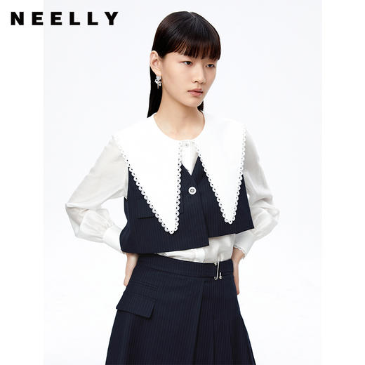 NEELLY纳俪大翻领衬衫两件时尚套装衬衫小众减龄新款条纹马甲百搭N22081B01051 商品图0