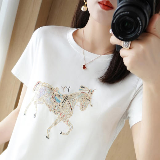 QHJY-JY2263前丝后棉短袖T恤女ins潮宽松白色印花圆领新款半袖上衣夏季女装 商品图1