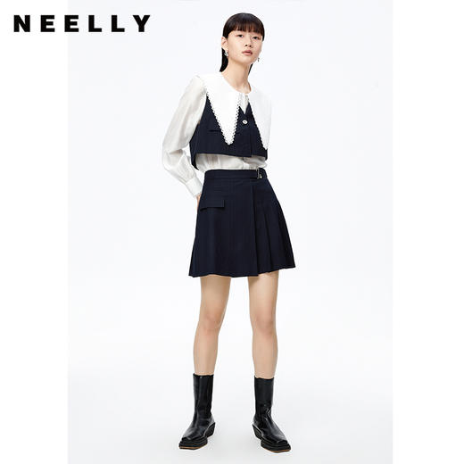 NEELLY纳俪高腰A字条纹百褶半身裙时尚学院风百搭垂感遮肉短裙女N22081E01058 商品图1