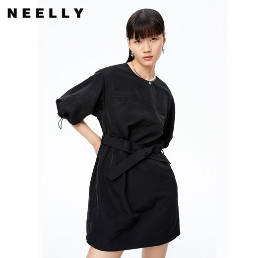 NEELLY纳俪2022秋季新品圆领连衣裙女休闲收腰系带七分袖A字裙N22081Y01065 商品图1