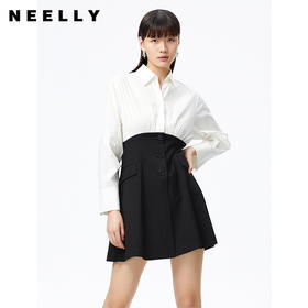 NEELLY纳俪衬衫拼接黑白撞色连衣裙女收腰简约通勤秋季A字裙中长N22081Y01068