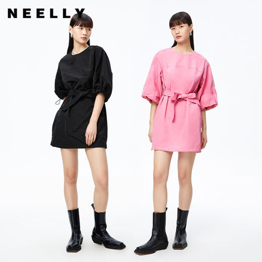 NEELLY纳俪2022秋季新品圆领连衣裙女休闲收腰系带七分袖A字裙N22081Y01065 商品图2