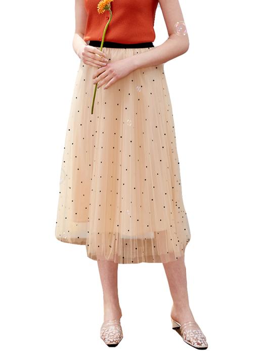 欧芮儿2019新款女装夏装波点网纱半身裙女中长款高腰显瘦百褶裙子 商品图3