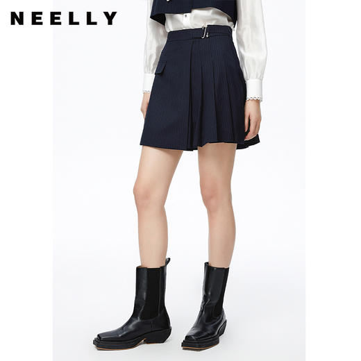 NEELLY纳俪高腰A字条纹百褶半身裙时尚学院风百搭垂感遮肉短裙女N22081E01058 商品图3