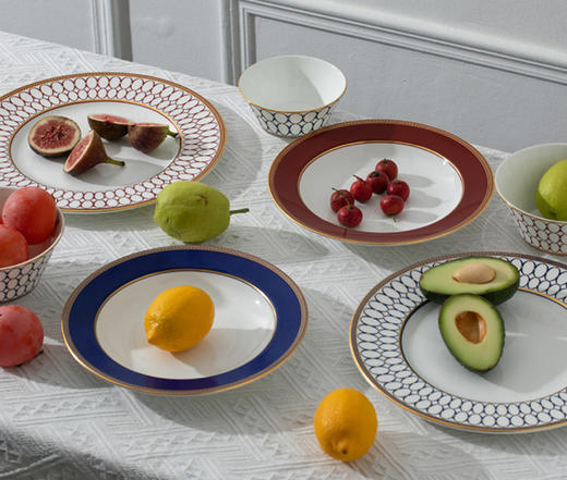 【团购展示】WEDGWOOD玮致活 金粉年华两人食4盘4碗套组（蓝配红） 商品图1