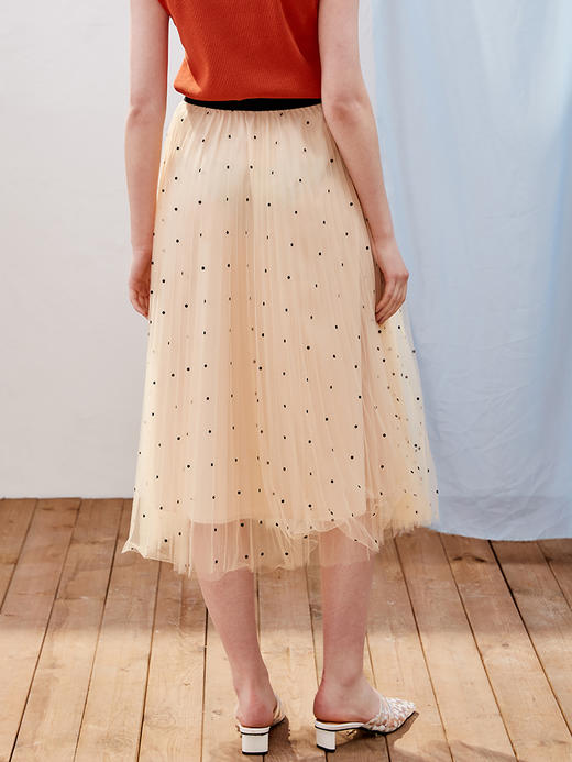 欧芮儿2019新款女装夏装波点网纱半身裙女中长款高腰显瘦百褶裙子 商品图1