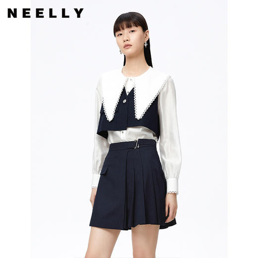 NEELLY纳俪大翻领衬衫两件时尚套装衬衫小众减龄新款条纹马甲百搭N22081B01051 商品图1