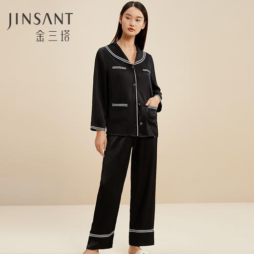 金三塔100%桑蚕丝两件套长袖真丝睡衣撞色家居服套装 YSFCC203 商品图0