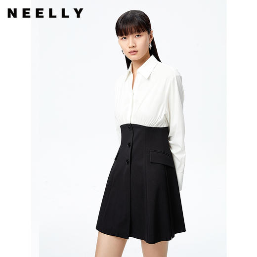 NEELLY纳俪衬衫拼接黑白撞色连衣裙女收腰简约通勤秋季A字裙中长N22081Y01068 商品图3