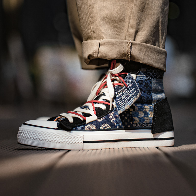 【马登男鞋】夏季2025新款复古日系高帮帆布鞋潮流印花休闲鞋子腰果花板鞋