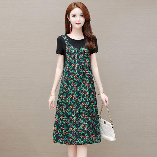 时尚假两件套装连衣裙修身短袖气质减龄印花背带裙子 商品图0