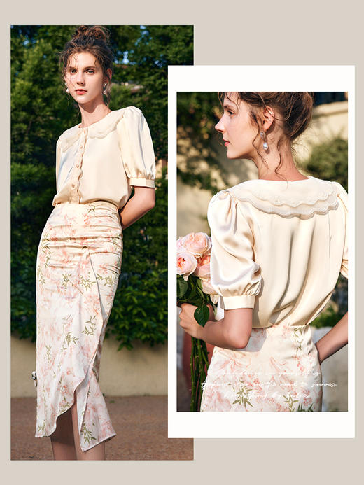 欧芮儿OLrain法式娃娃领缎面衬衫女夏季2022新款泡泡袖减龄小衫 商品图0