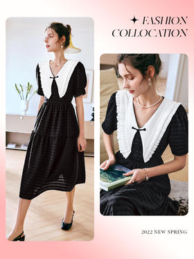 欧芮儿OLrain法式黑色赫本风连衣裙女夏季2022新款收腰娃娃领裙