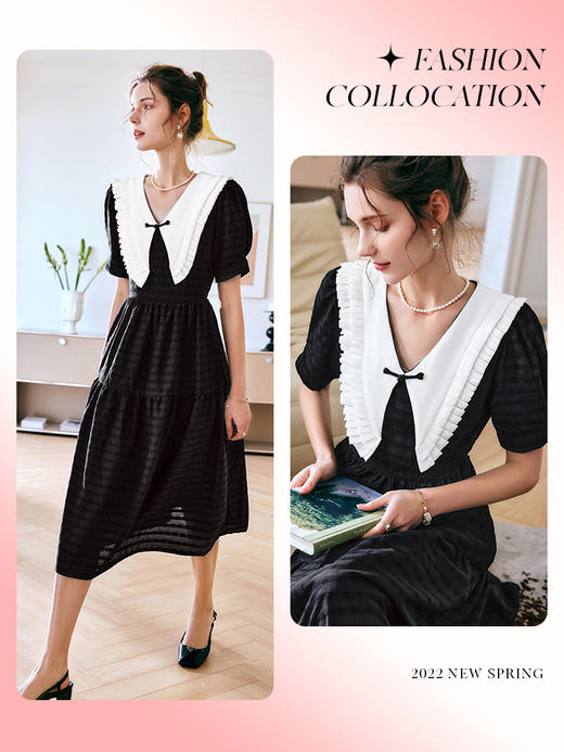 欧芮儿OLrain法式黑色赫本风连衣裙女夏季2022新款收腰娃娃领裙 商品图0