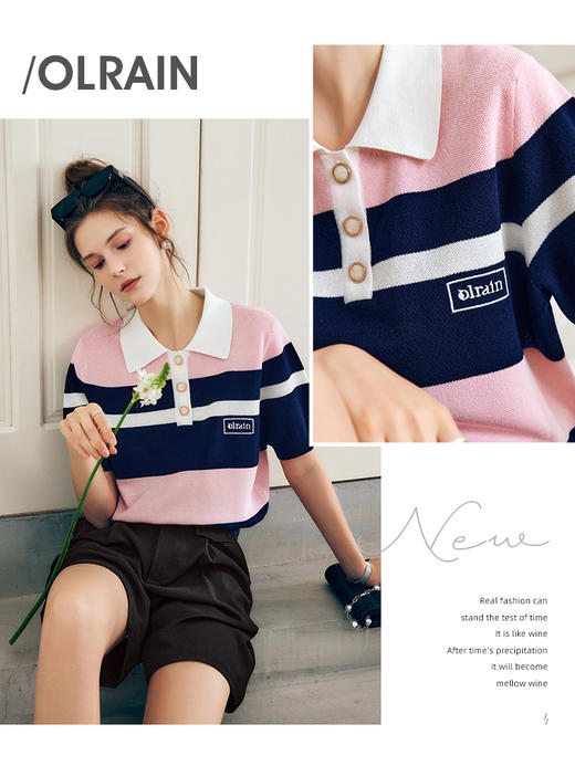 OLrain法式粉色POLO领针织衫女夏季2022新款宽松刺绣撞色薄款上衣 商品图2