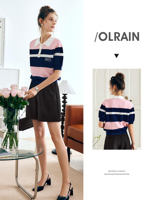 OLrain法式粉色POLO领针织衫女夏季2022新款宽松刺绣撞色薄款上衣 商品图0
