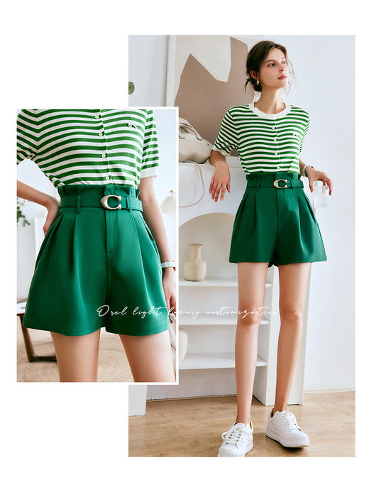 OLrain法式高级穿搭绿色休闲裤女夏季2022年新款时尚高腰阔腿短裤 商品图0