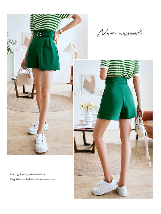 OLrain法式高级穿搭绿色休闲裤女夏季2022年新款时尚高腰阔腿短裤 商品图3
