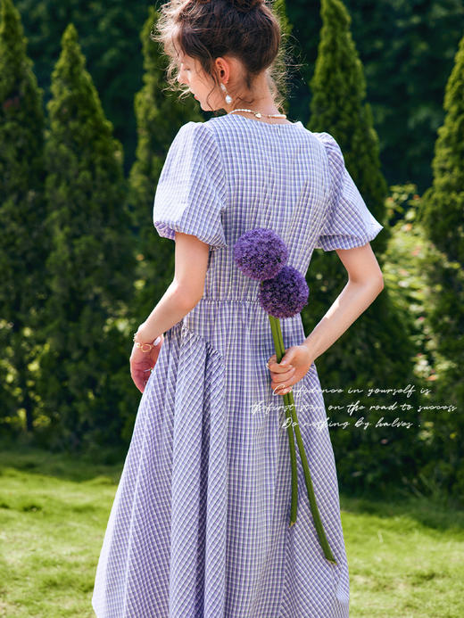 OLrain法式高级穿搭格子连衣裙女夏季2022年新款收腰镂空泡泡袖裙 商品图2