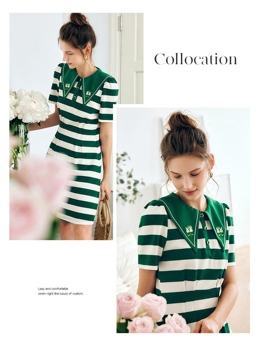 OLrain法式绿条纹短袖针织polo领连衣裙女夏季2022气质显瘦减龄裙 商品图2