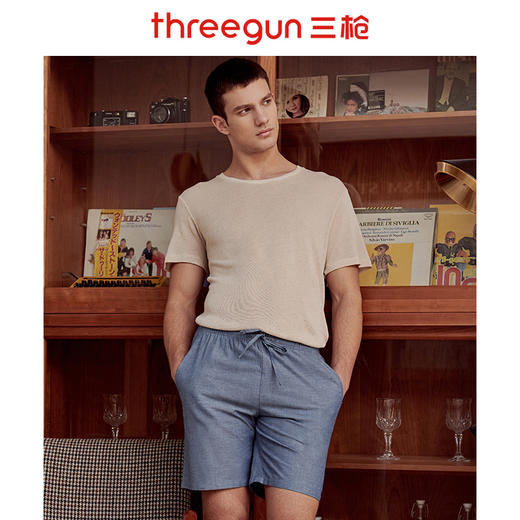 Threegun三枪 【麻感纯棉】机织布男士家居短裤-50643B911 商品图0