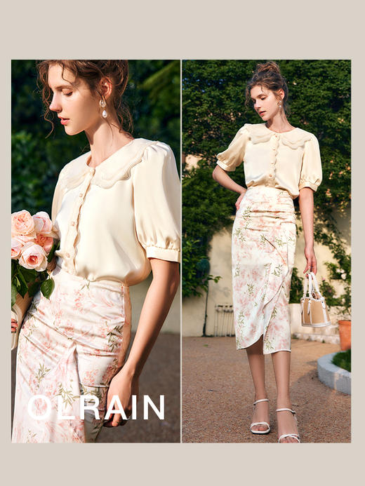 欧芮儿OLrain法式娃娃领缎面衬衫女夏季2022新款泡泡袖减龄小衫 商品图1