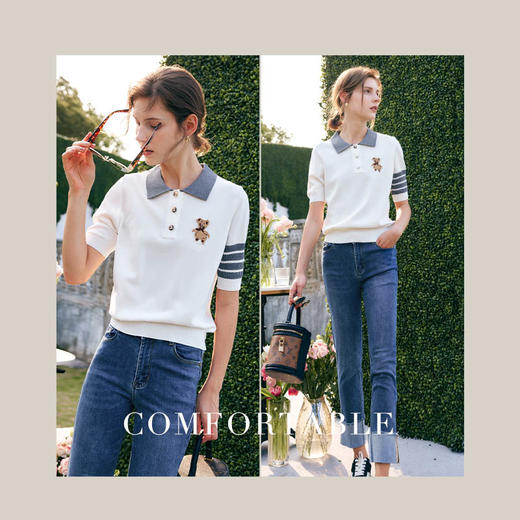 欧芮儿Polo领白色针织衫女夏季2022年新款时尚气质学院风冰爽上衣 商品图1