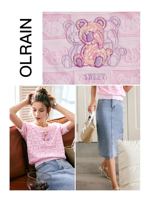OLrain法式粉色短袖针织衫女夏季2022年新款宽松甜美小熊圆领上衣 商品图2