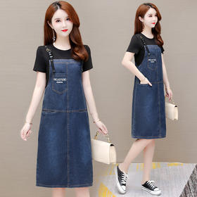 WEZM-BYX2065  时尚假两件套装连衣裙女2022夏新款修身短袖气质减龄牛仔背带裙子